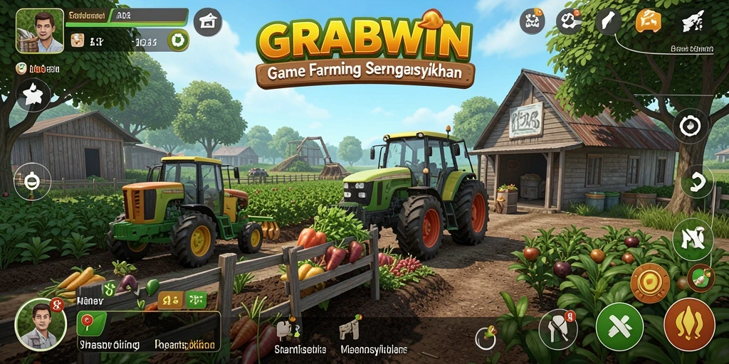 Tampilan gameplay seru dalam GRABWIN yang menunjukkan aktivitas bertani.