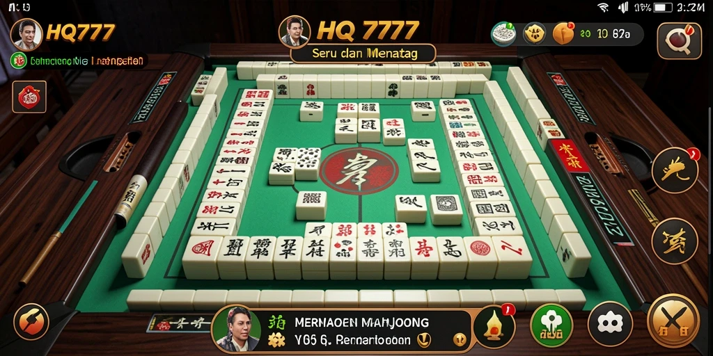 Screenshot menampilkan gameplay HQ777 dengan ubin Mahjong berwarna cerah.