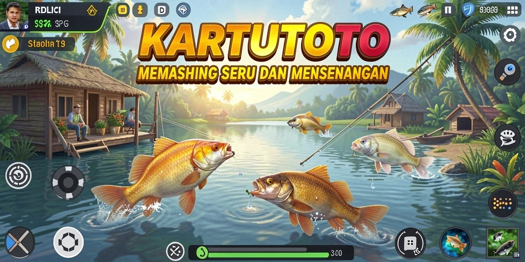 Screenshot KARTUTOTO memperlihatkan gameplay memancing yang seru di lokasi indah.