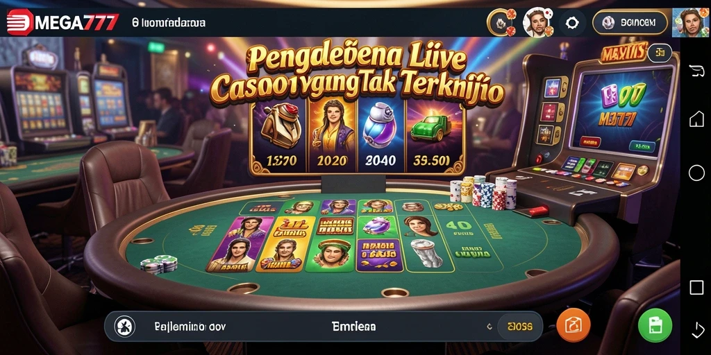 Screenshot utama MEGA777 menunjukkan dealer cantik dan ruang permainan Live Casino.