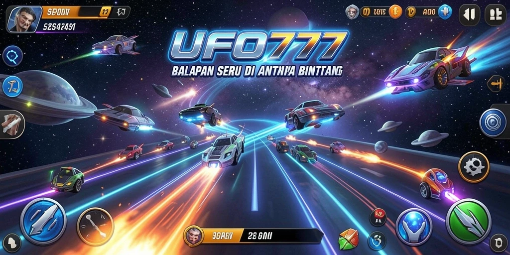 Gameplay Racing UFO777 menampilkan mobil futuristik melawan latar luar angkasa.